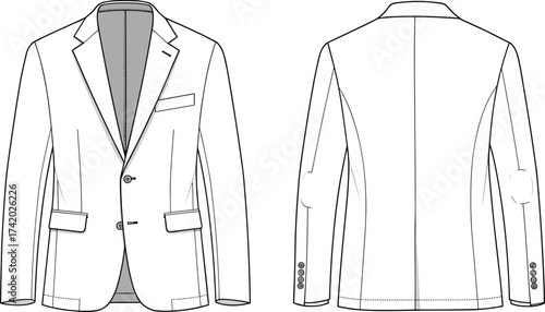 Men blazer jacket technical flat sketch front and back view, tailored suit coat with lapel pockets buttons, fashion apparel vector template, cad drawing flat vector illustration