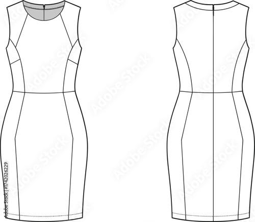 Sleeveless fitted sheath dress technical flat sketch front and back view, round neckline princess seams, fashion apparel vector template, cad drawing flat vector illustration
