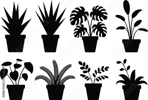Set of eight black potted plant silhouettes, minimalist botanical vector illustration, modern indoor plant design, eco home decor art collection