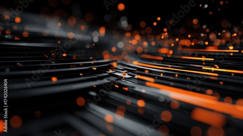 A vibrant black and orange textured background highlights modern technology driven marketing concepts. The design features flowing lines and glowing particles.