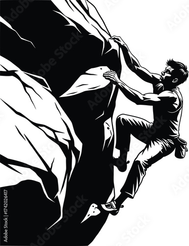 Strong rock climber ascending a steep mountain cliff, an adventure sports vector illustration