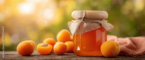The jar of honey with fresh apricots on a rustic wooden table.