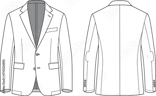 Men blazer technical flat sketch front and back view, tailored jacket with lapel pockets buttons, fashion apparel vector template, cad drawing flat vector illustration