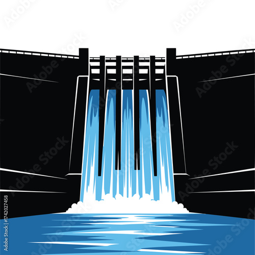 Hydroelectric dam with open spillway gates releasing water, renewable energy vector illustration