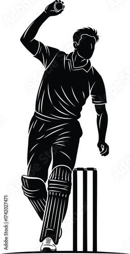 Cricket spin bowler delivering the ball at the wicket, sports athlete silhouette vector
