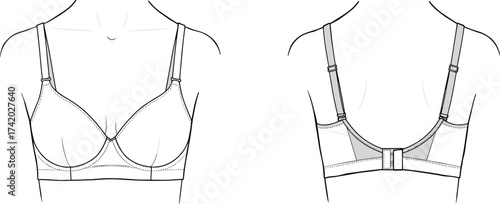 Bra lingerie technical flat sketch front and back view, underwire cups, adjustable straps, apparel fashion vector template, cad drawing flat vector illustration
