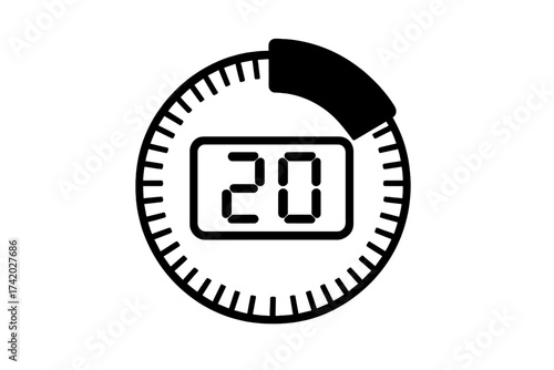 Twenty seconds timer icon. 20 second digital clock symbol. Stopwatch vector illustration. Countdown for sport, game, or cooking. Chronometer time measurement design element.