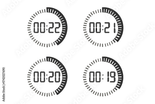 Timer countdown icon set with a 22 second interval. Digital clock and stopwatch symbol collection. Vector illustration for UI design, time management, deadline, or sport concepts.