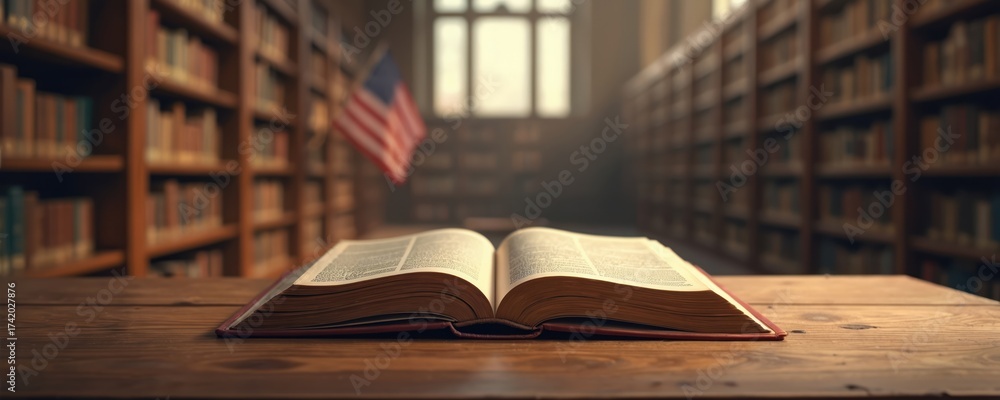 Fototapeta premium Open book on wooden table in library with shelves of books and American flag. Concept of US law, history, education, knowledge, and tradition.