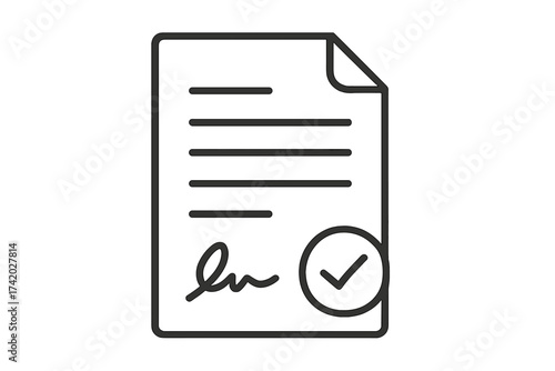 Contract signing icon. Signed document with signature and approval check mark. Business deal agreement concept. Legal document, policy, and terms and conditions confirmed.