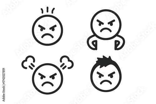 Angry face icon set. Vector collection of rage and frustration emoticons. Simple line art symbols for negative emotions, bad mood, and stress. Isolated character pictograms.