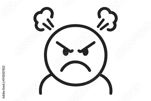 Angry face icon with steam from head. Simple vector illustration of rage and frustration. Negative emotion symbol for stress, burnout, or being mad. Furious character emoji.