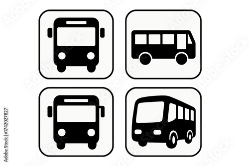 Bus icon set. Public transport symbol collection. Vehicle pictogram for web and app. Travel sign. Commute and tour bus illustration. Simple automotive logo glyph vector design.