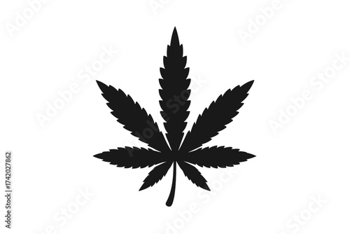 Cannabis or marijuana leaf vector icon. Black silhouette of a weed plant. Ganja, hemp symbol illustration. For medical, legal, recreational, drug, and botanical concepts.