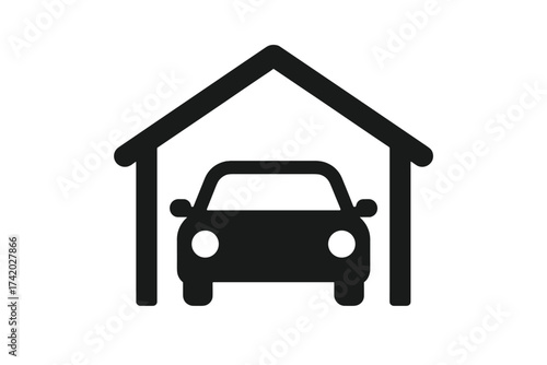 Car garage icon. Parking symbol. Vehicle in house pictogram. Home auto service sign. Automobile transport storage. Residential property graphic. Vector illustration.