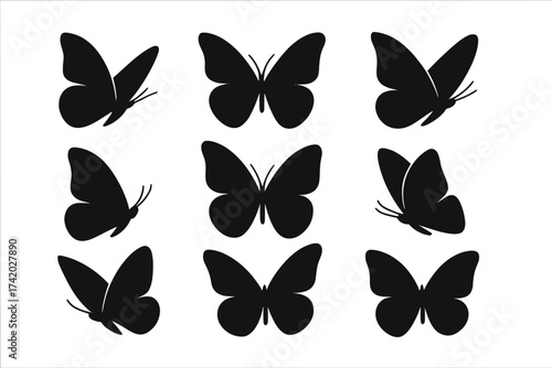 Set of black butterfly silhouettes. Collection of flying butterflies icon. Vector graphic design element. Simple minimal insect illustration for logo. Beautiful nature concept.