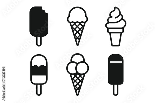 Ice cream icon set vector collection. Summer dessert food symbols. Popsicle, soft serve, gelato cone, and ice lolly silhouettes for graphic design. Sweet cold treat line art.