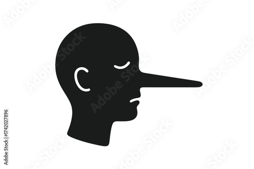 Liar face with long nose icon. Pinocchio character metaphor for lying and deception. Concept of fake news, mythomania, and dishonesty. Psychology symbol of a pathological liar.