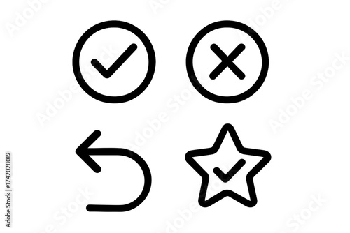 Vector line icon set with check mark and cross for approve and reject. Yes and no buttons. Undo, redo, or back arrow symbol. Favorite, success, and achievement star.