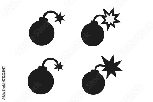 Bomb icon set. Explosive device silhouette. Danger, terrorism and war symbol. Round bomb with lit fuse. Explosion flash. Detonation pictogram. Vector on transparent background.
