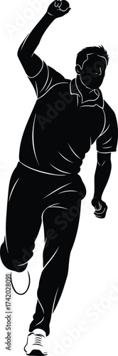 Cricket bowler in fast bowling action, sports athlete silhouette vector illustration