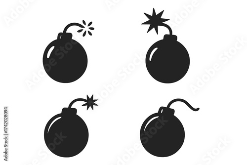 Bomb icon set vector illustration. Black silhouette explosive device symbol collection. Cartoon bombs with burning fuse and spark. Danger warning sign. Explosion blast concept.