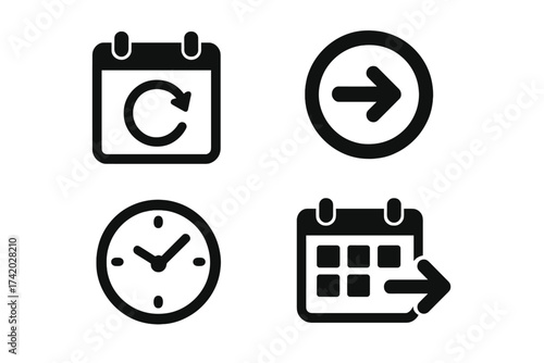 Future event and next appointment icon set. Calendar schedule, time clock, and date reminder symbols. Time management, planning, and deadline vector illustration for web, app, UI.
