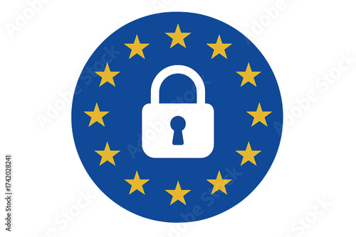 GDPR symbol General Data Protection Regulation. EU data privacy law vector icon. Padlock on European flag design. Cybersecurity, compliance, personal information and data safety.