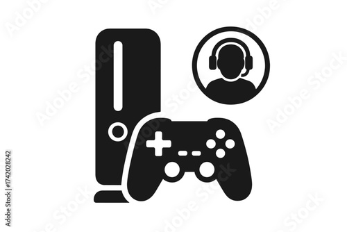 Gaming console, controller and player with headset vector icon set. Video game concept with gamer symbol. Esports, online streaming and entertainment graphic illustration.