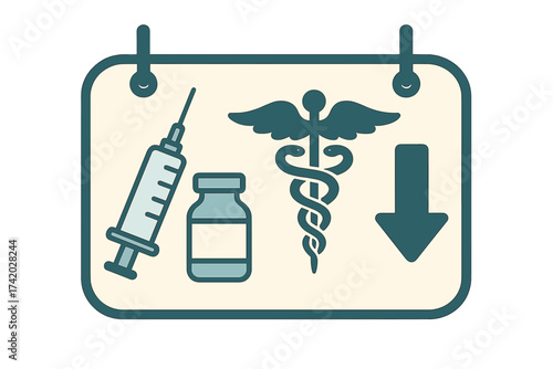 Vaccination here sign vector illustration. Medical center or clinic immunization service banner. Health care concept with syringe, vaccine vial, and caduceus symbol.