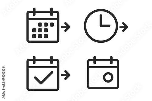 Calendar and clock icon set for scheduling events. Future appointments, deadlines, and time management concepts. Vector illustration for planning, reminder, and date symbols.