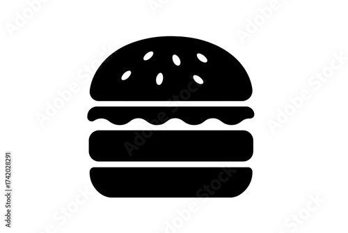 Hamburger icon, fast food symbol for restaurant menu. Vector illustration of a burger. Cheeseburger silhouette for delivery service, takeaway or junk food concept.