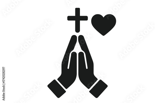 Praying hands with cross and heart icon. Christian faith, love, and prayer concept. Religious symbol for hope, gratitude, and worship. Spirituality and belief in God vector.