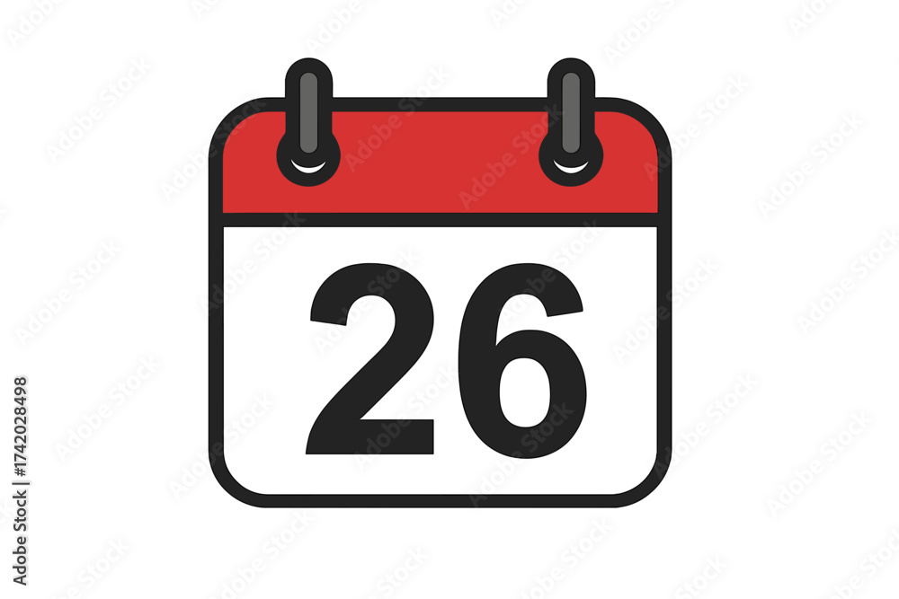 Calendar icon with the number 26. Day twenty-six. Schedule, appointment, and event reminder. Vector illustration for web and app. Date, deadline, planner, agenda symbol. Calendar icon with the number 26. Day twenty-six. Schedule, appointment, and event reminder. Vector illustration for web and app. Date, deadline, planner, agenda symbol.