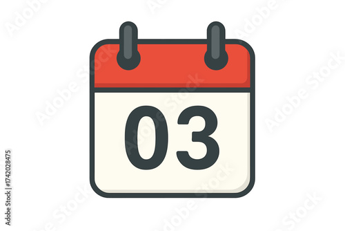 Calendar icon showing the 3rd. Date 3. Third day of the month. Schedule, appointment, event reminder symbol. Vector for web, app, planner. Organizer page. Flat illustration.