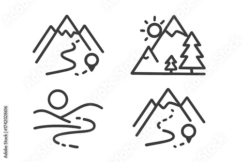 Mountain landscape icon set. Hiking trail route with map pin location. Adventure travel destination symbol. Nature trekking journey path. Minimalist line art vector illustration.