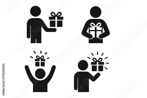 Man giving gift icon set. Person offering, receiving, and holding a present. Vector illustration concept for bonus, reward, loyalty program, birthday surprise, and celebration.