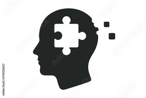 Memory loss icon, mental disorder concept. Head silhouette with puzzle pieces for dementia, amnesia, Alzheimer's disease. Psychology, neurology & cognitive decline metaphor.