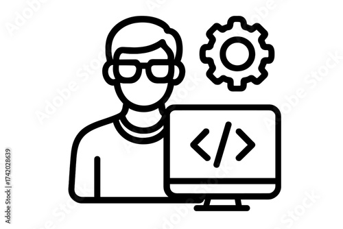 Developer icon. Programmer at computer. Software engineer at work. Coding, web development, IT specialist. Man with glasses. Gear for settings, configuration, maintenance.