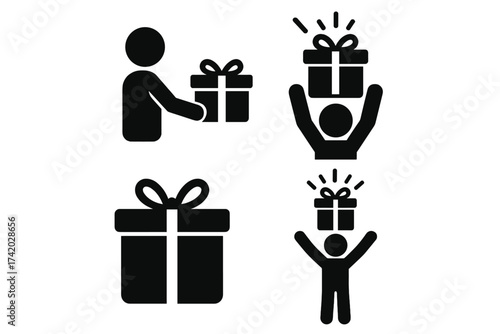 Gift and present vector icon set. Man giving a surprise box. Person receiving a reward or bonus. Celebration, birthday and holiday concept. Black glyph silhouette pictograms.
