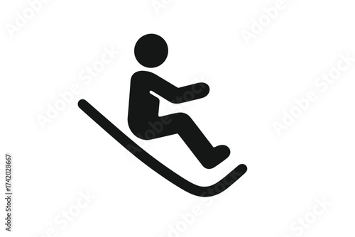 Man sliding on a sled pictogram. Winter sports and recreation concept. Person sledding downhill on snow. Speed and fun activity vector icon isolated on white background.