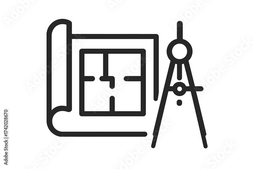 Blueprint and drawing compass icon. Architecture project, house plan design. Engineering and construction concept. Architect drafting tool, technical drawing, floor plan vector.