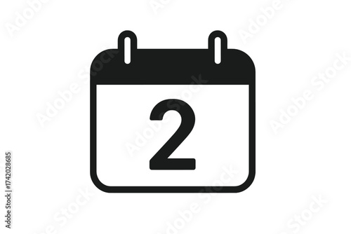 Calendar icon with date 2. Second day of the month symbol. Schedule, appointment, event, reminder sign. Planner, organizer pictogram. Vector illustration for web, app, ui, ux.