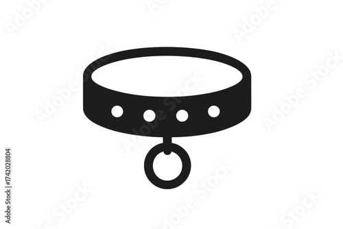 Collar vector icon. Black studded choker with a ring. Pet, dog, or cat collar symbol. BDSM, fetish, and submissive concept illustration. Leather accessory graphic.