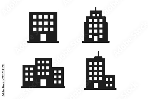Office building icon set. Corporate company headquarters pictogram collection. Skyscraper and cityscape architecture symbol. Real estate business vector illustration. Simple flat design.