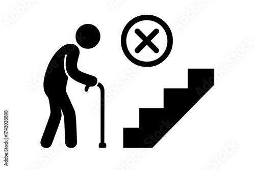 Accessibility issues for the elderly. Old man with cane at stairs. No access for disabled person icon. Mobility problem, physical barrier, difficulty walking up staircase symbol.