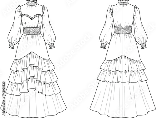 Tiered puff sleeve dress technical flat sketch, ruffled neckline, sweetheart bodice, wide waistband, front and back view, vector fashion CAD illustration