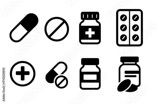 Medical pill icon set. Medication, pharmaceutical symbols for healing. Vector collection of pharmacy drug icons, including capsules, tablets, blister pack, and medicine bottles.