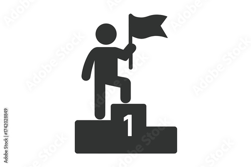 Winner on podium with flag icon. Achievement and success concept. First place champion. Man reaching goal. Leadership and victory celebration. Business competition winner vector.