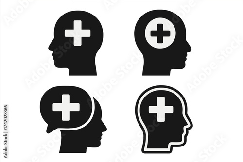 Mental health vector icons set. Head silhouette with medical cross, psychology symbol. Positive mindset, mental wellness, therapy and counseling, brain health, medical support